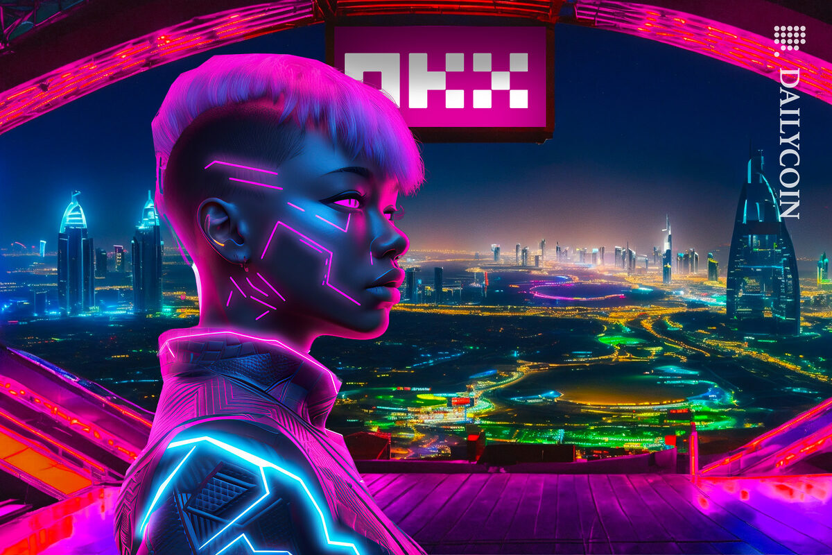 OKX cyber girl in their building with the Dubai panoramic night view.