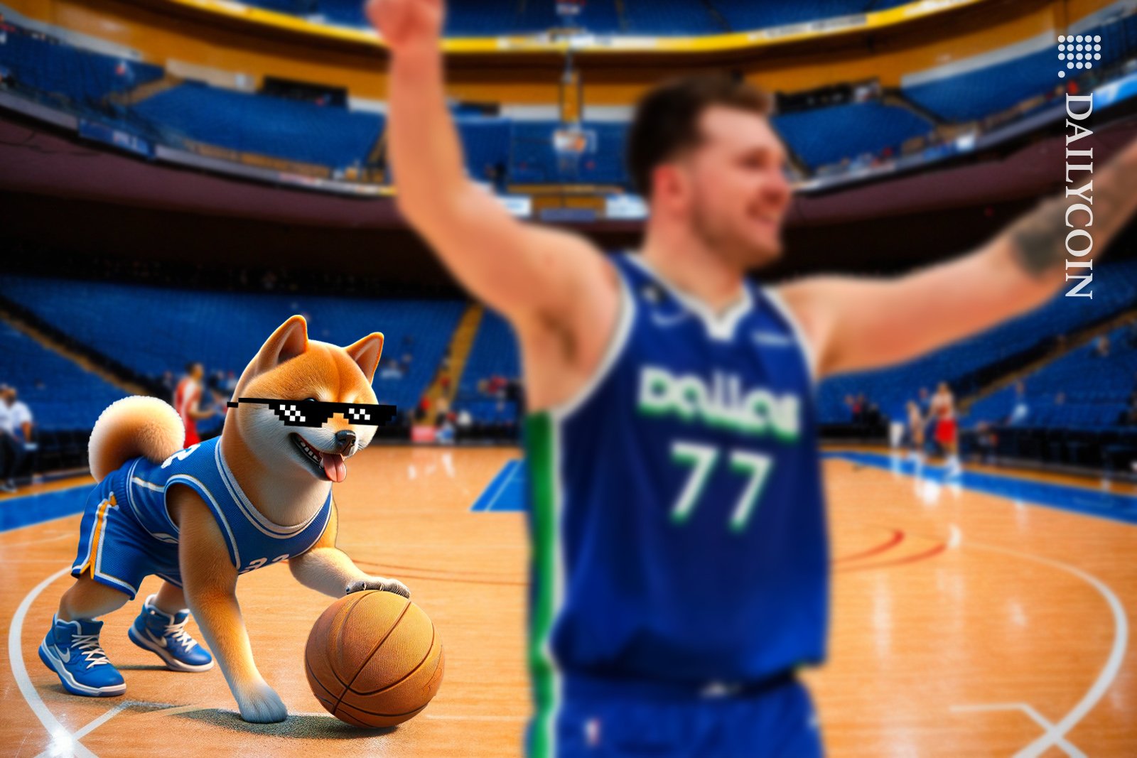 Doge looking cool playing basketball with Dallas Mavs.