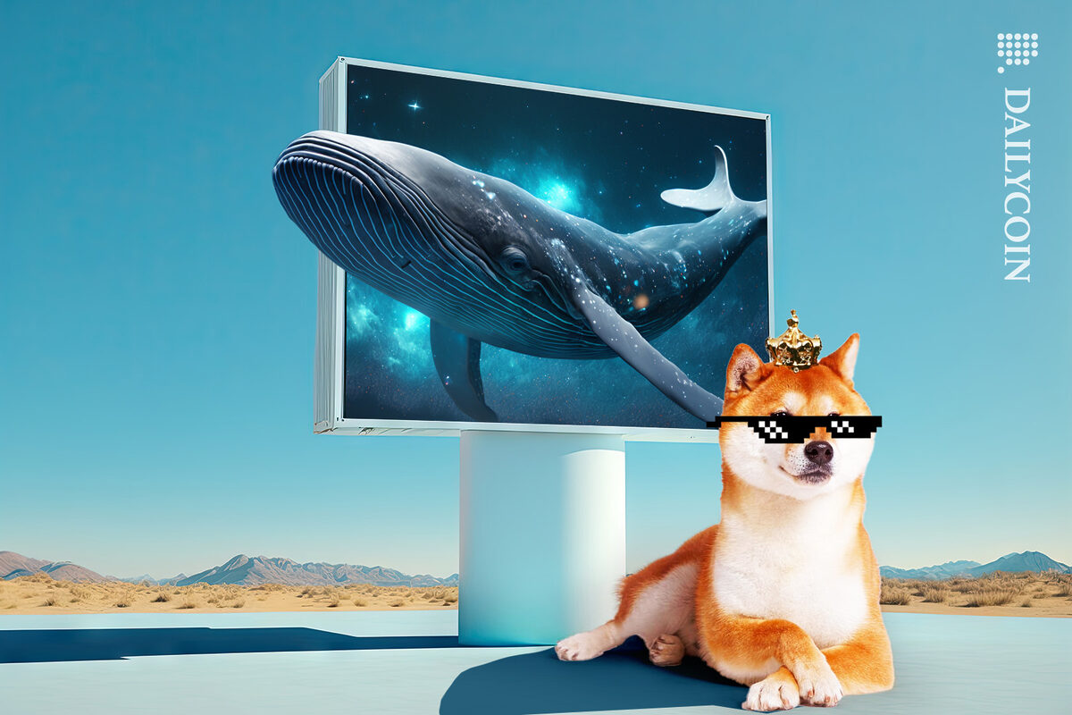Doge looking cool next to a billboard of a whale coming out of it.