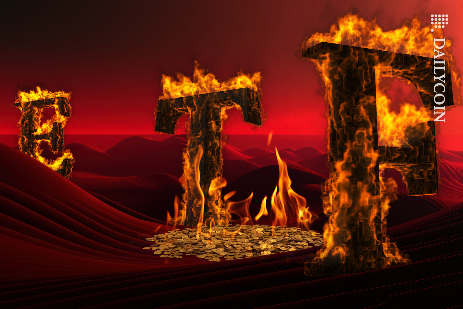 ETF burning in red landscape along with crypto coins.