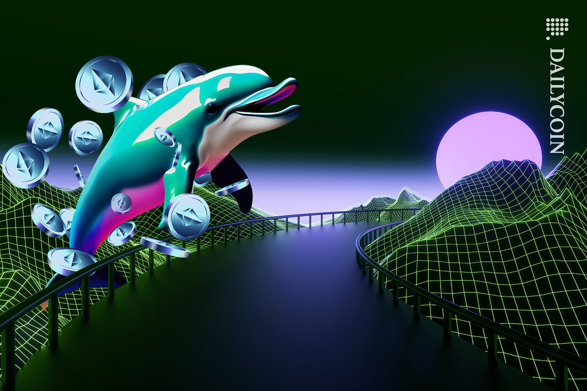 ETH Sepolia dolphin jumping over a bridge in a digital landscape.