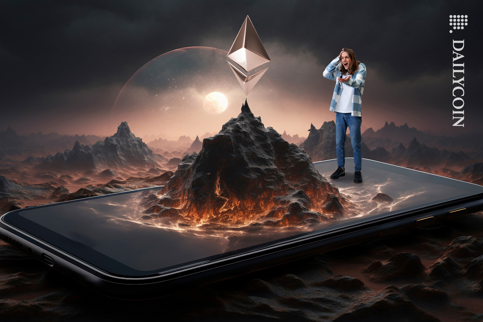 Man is wondering how is Ethereum is peaking so high, with a mountain coming out his phone.