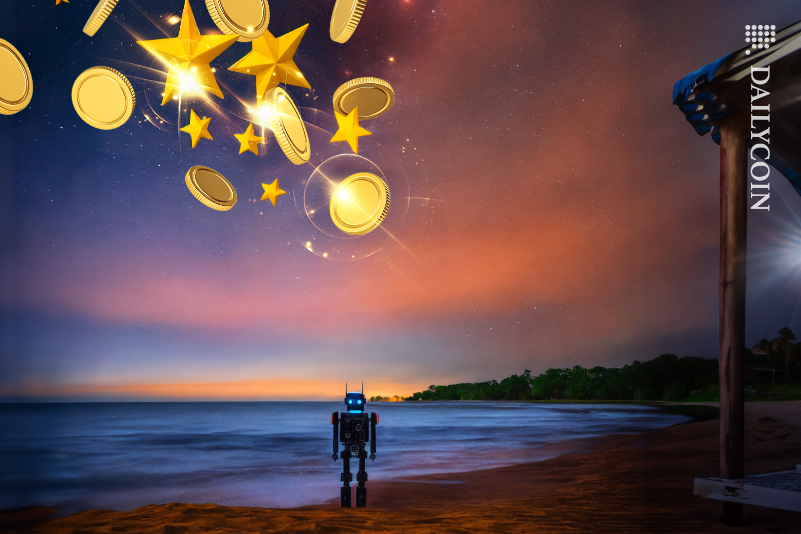 European stars are shooting with crypto coins to a robot on a beach.