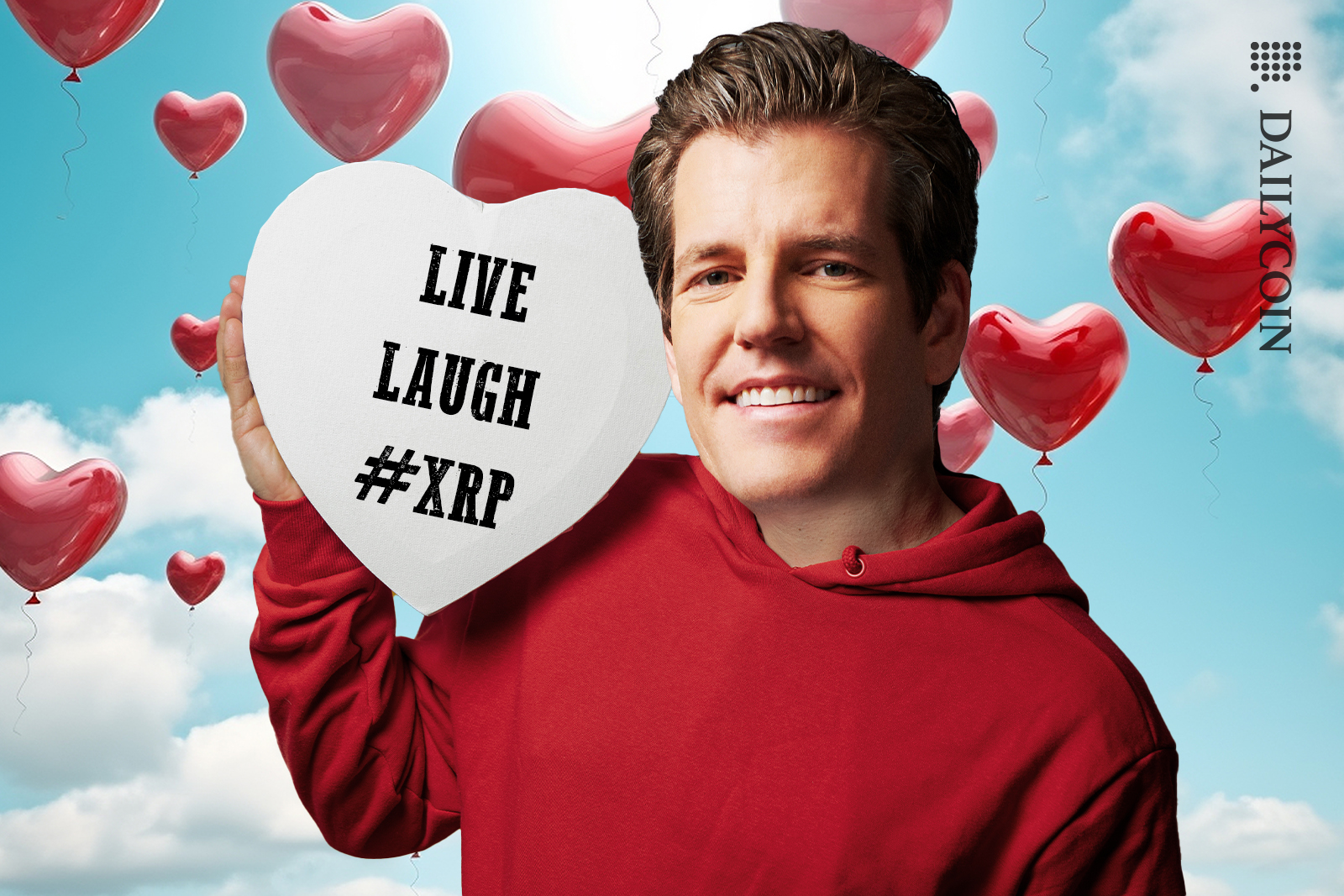 Gemini CEO Tyler Winklevoss holding a love heart sign ''Live laugh #XRP''.