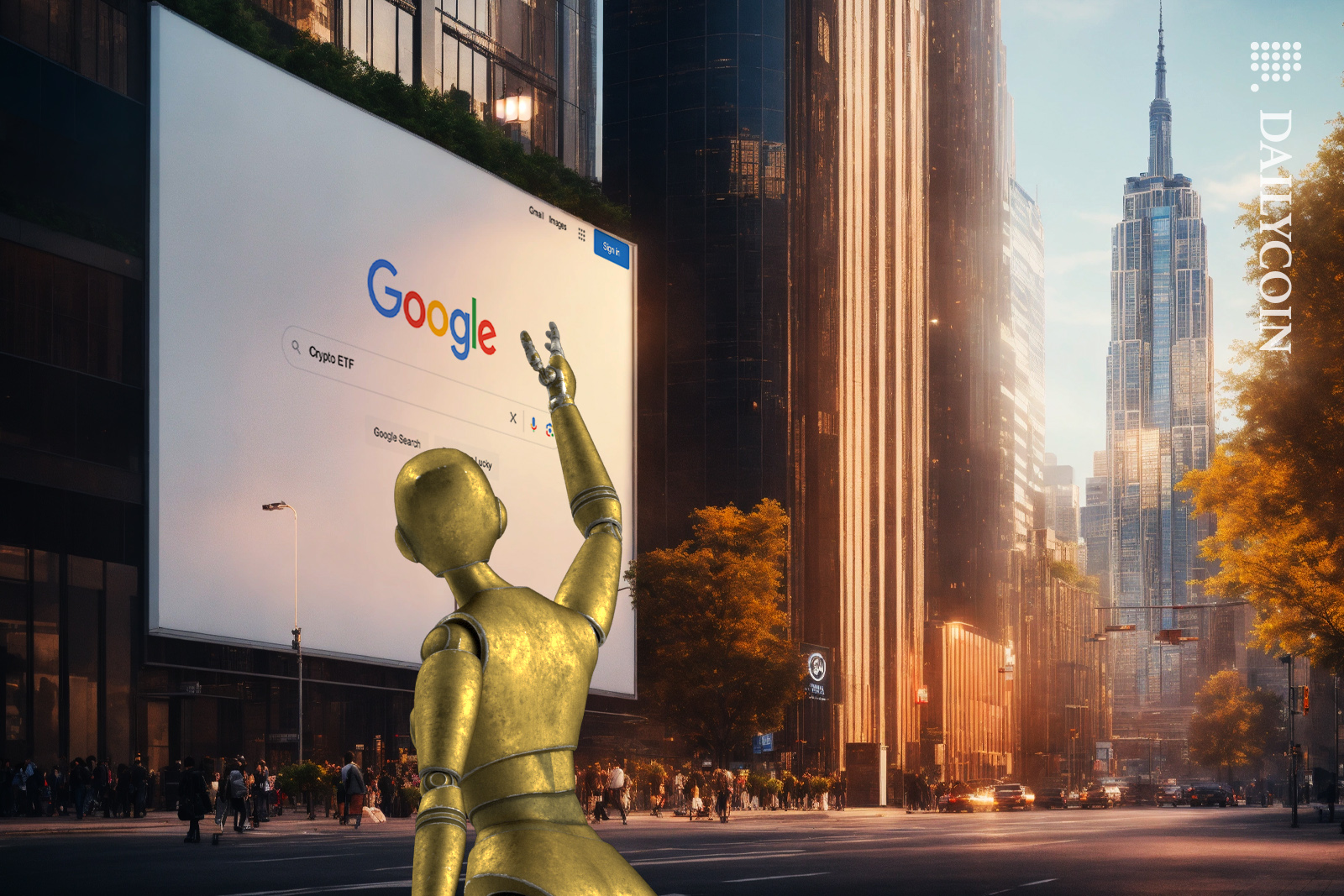 Robot happy to see ETF on a google billboard advertisement.