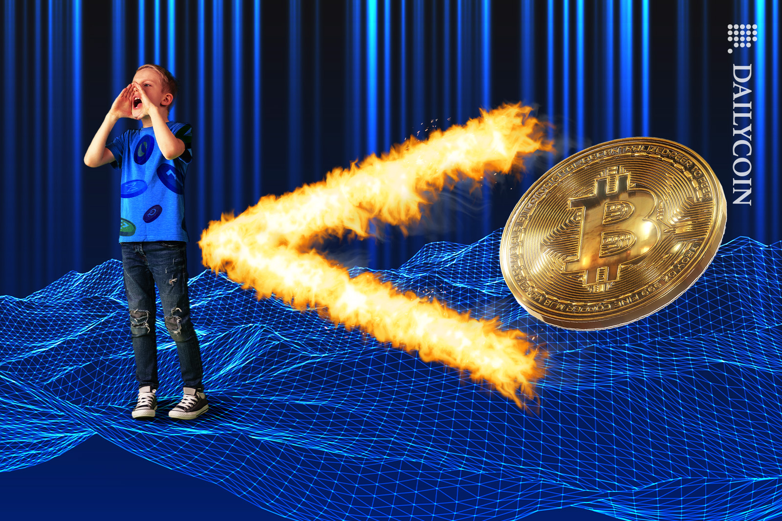 Boy shouting that Bitcoin is greater than the rest of the coins.