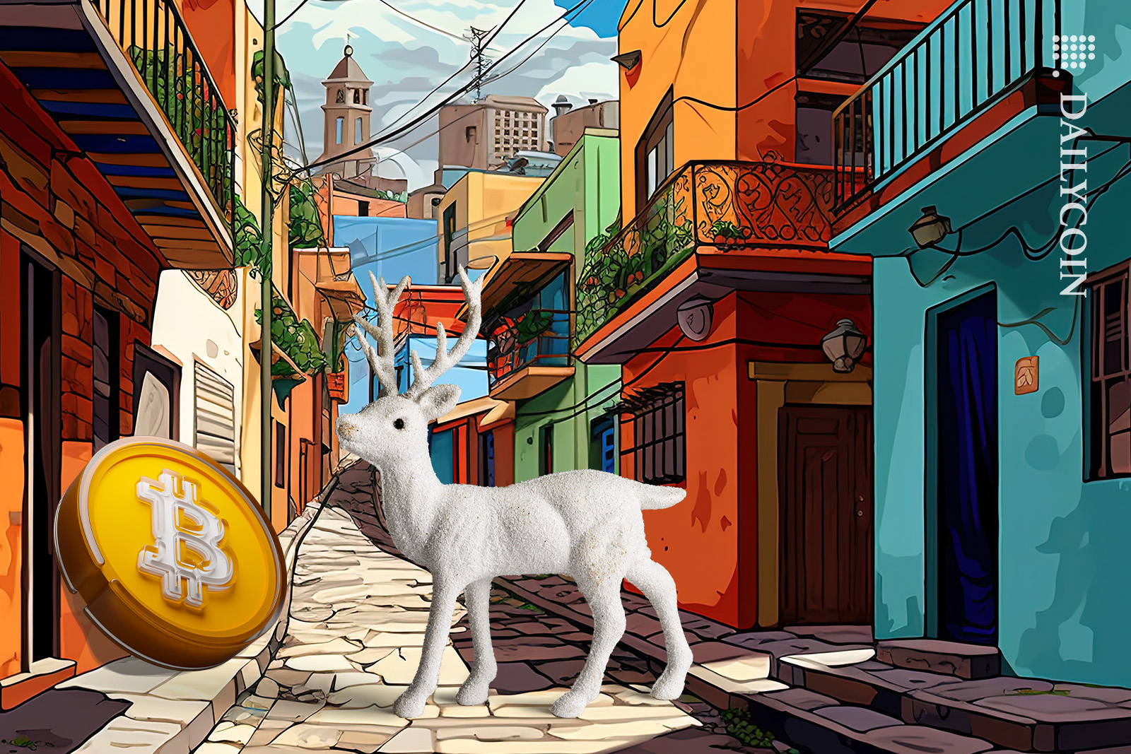 National animal of Honduras - the yucatan white-tailed deer is walking around the town and spotted a Bitcoin.