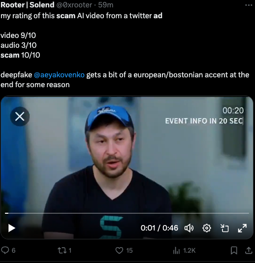 A scam featuring a deepfake of Solana founder Anatoly Yakovenko.