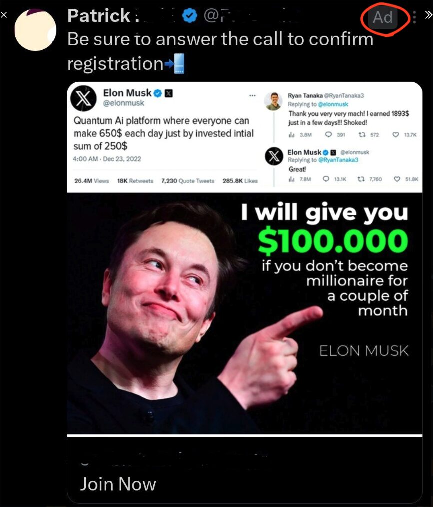 A post highlighting a phishing scam impersonating Elon Musk.