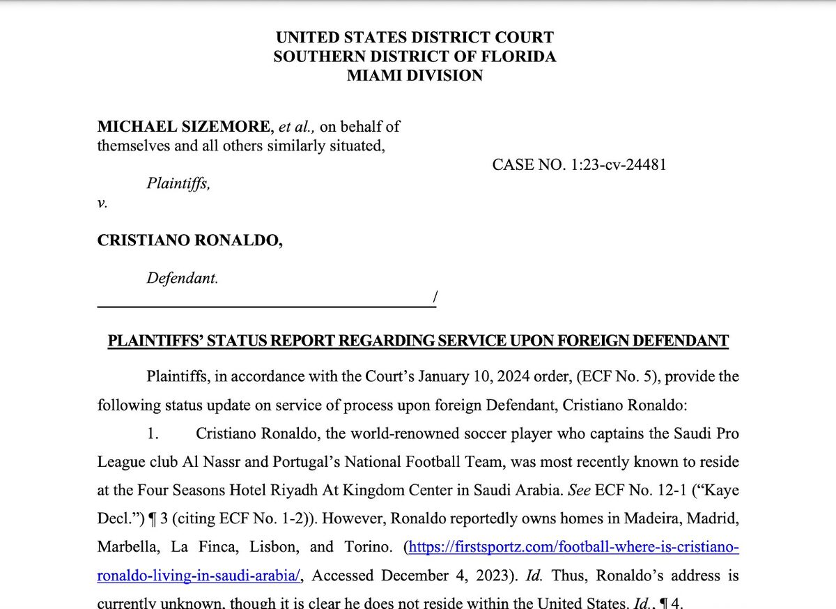 Extract from the plaintiff's motion to serve the Ronaldo Lawsuit via public channels.