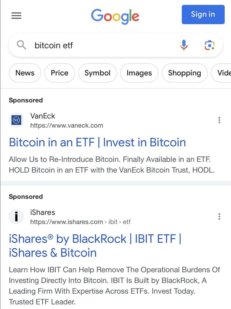 Image of VanEck and BlackRock's Bitcoin ETF ads on Google.