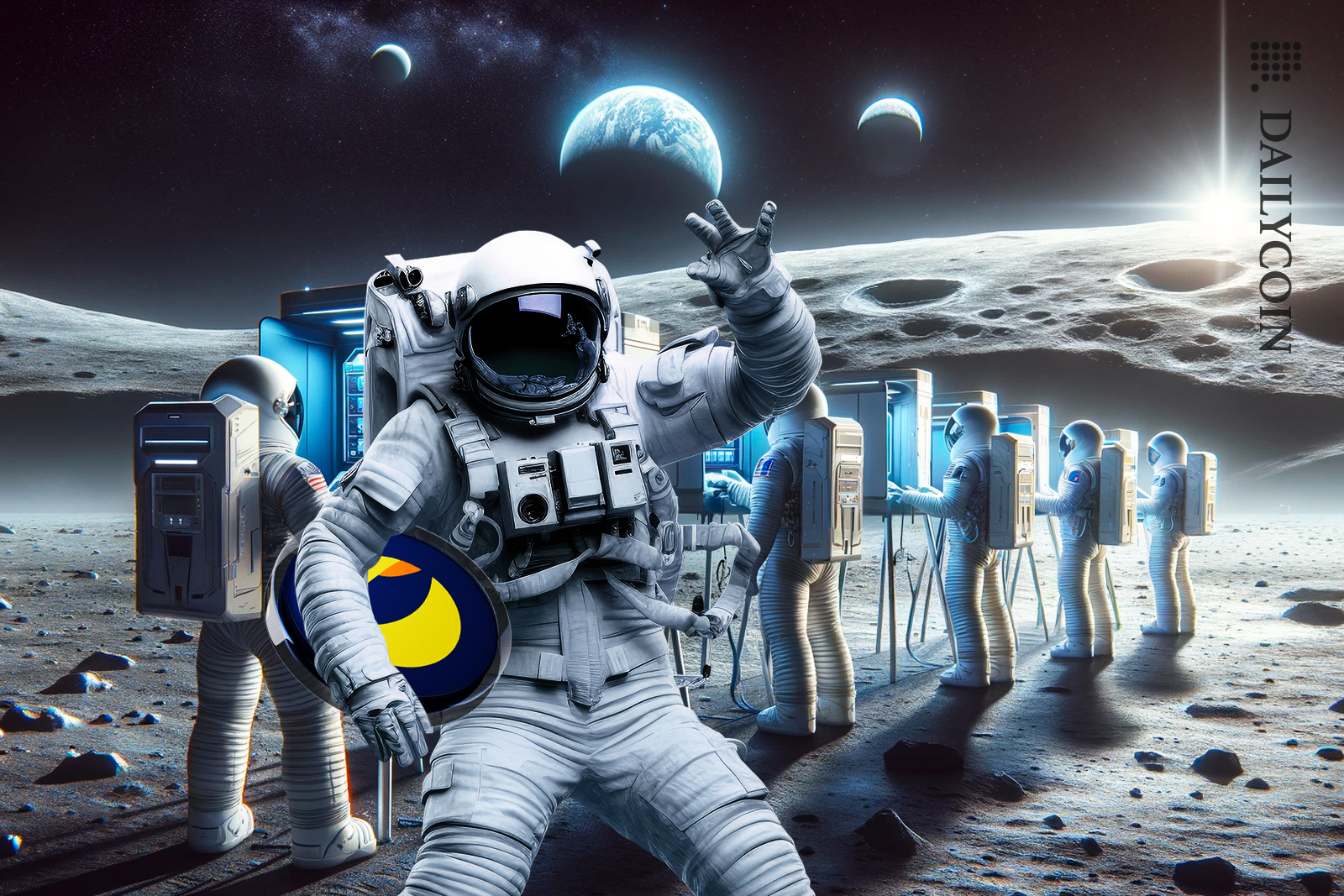 Astronaut waving hello with LUNC coin as fellow astraunauts are casting their vote.