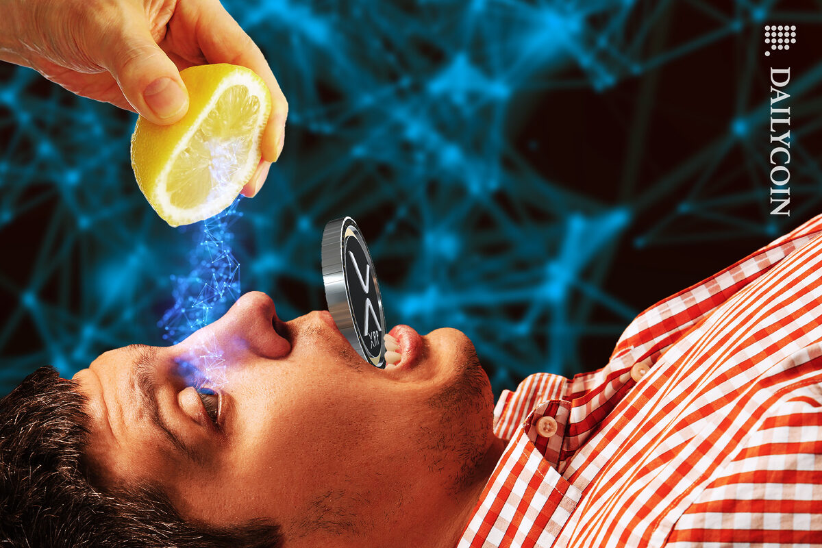 Man getting a squeeze of lemon defi juice into the eye whilst biting down on XRP coin.