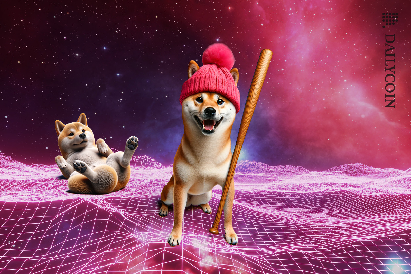 Woolly hat Shiba Inu took a baseball bat of the other shib behind him who is now laying on the ground.