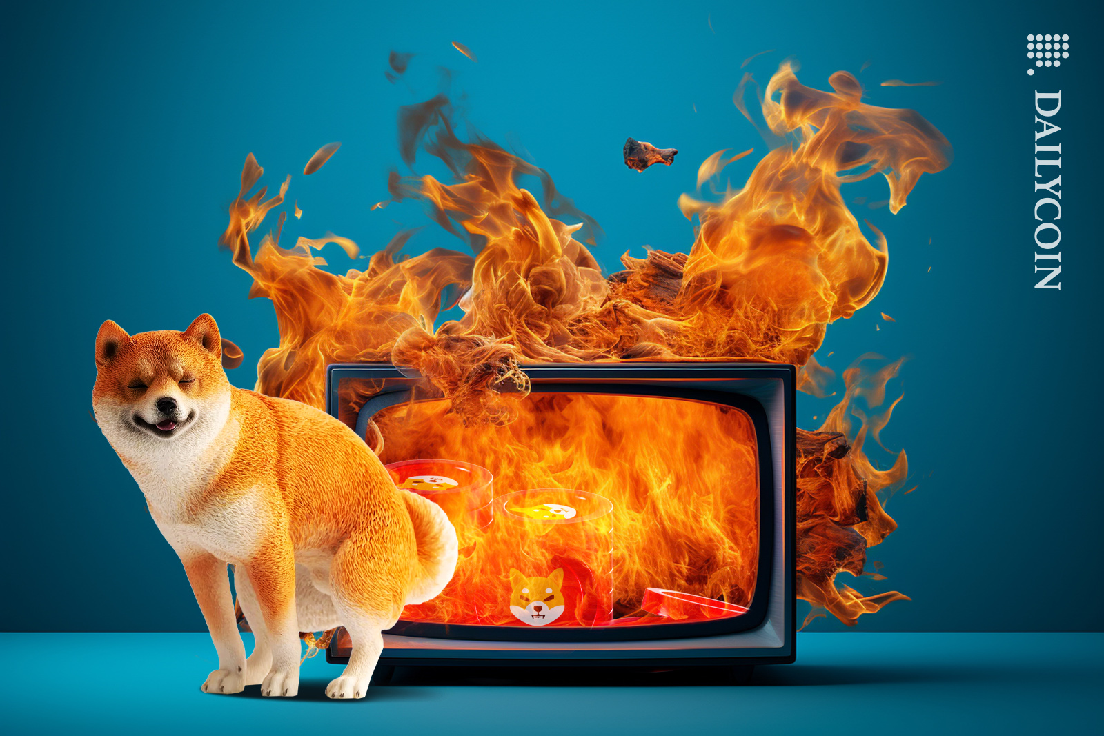 Shiba inu posing next to a TV on fire with Shib tokens.