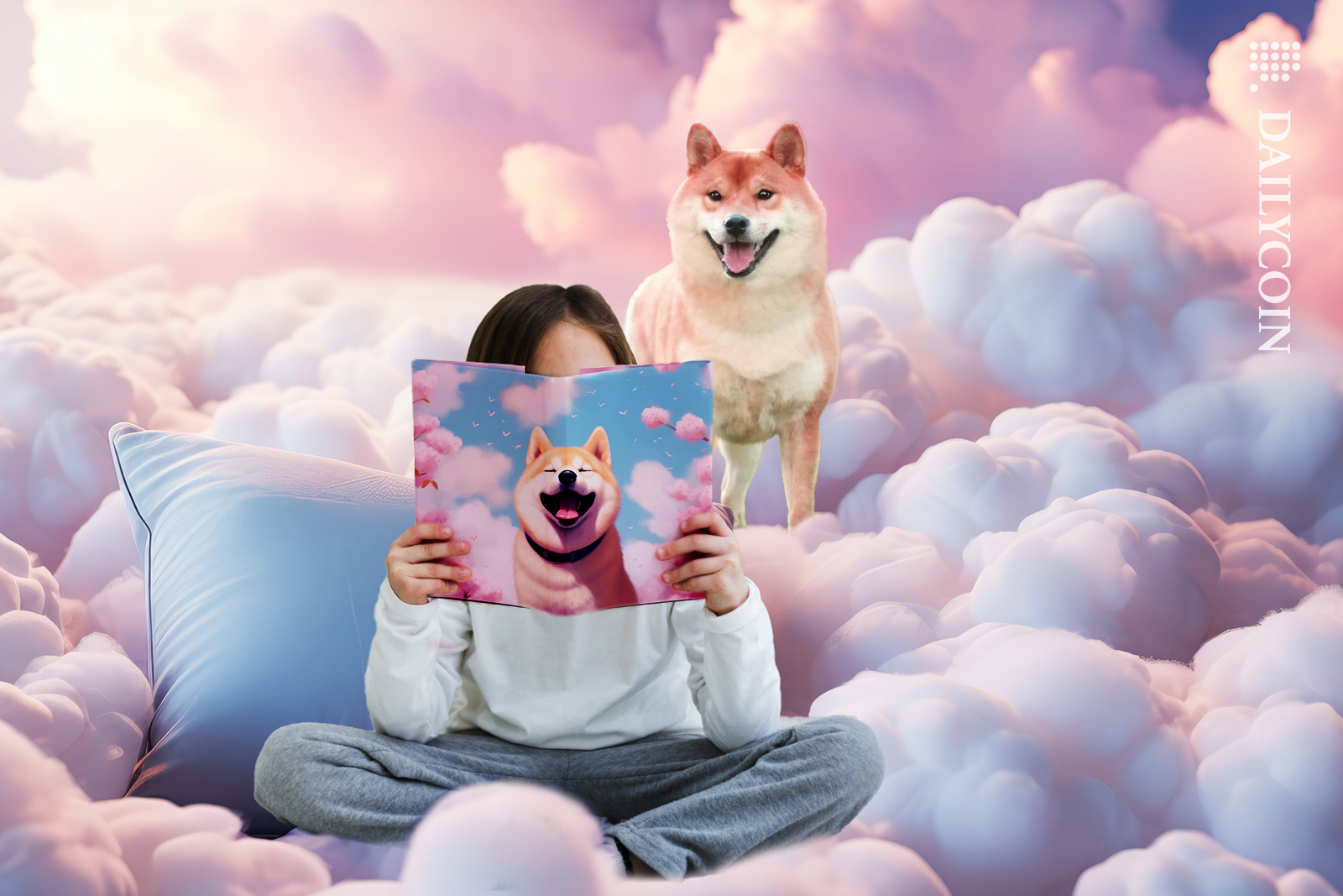 Shiba inu in the clouds seeing a girl reading his magazine.