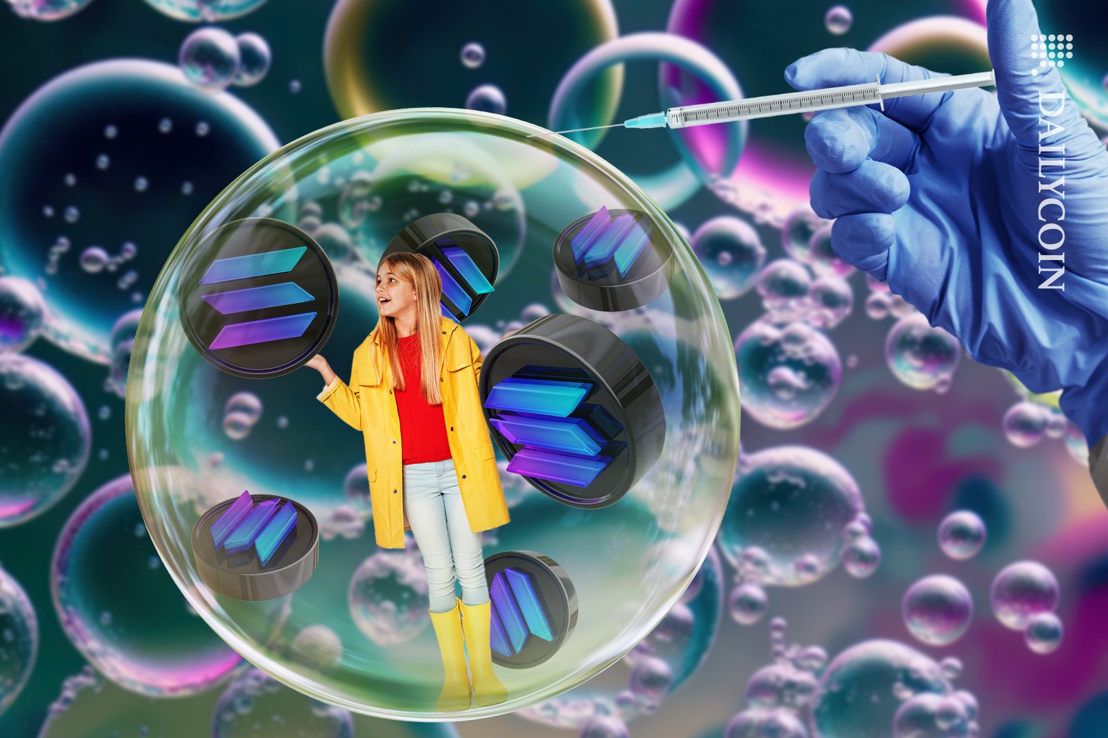 Girl in a bubble with Solana coins whilst a hand is injecting the SOL coins.