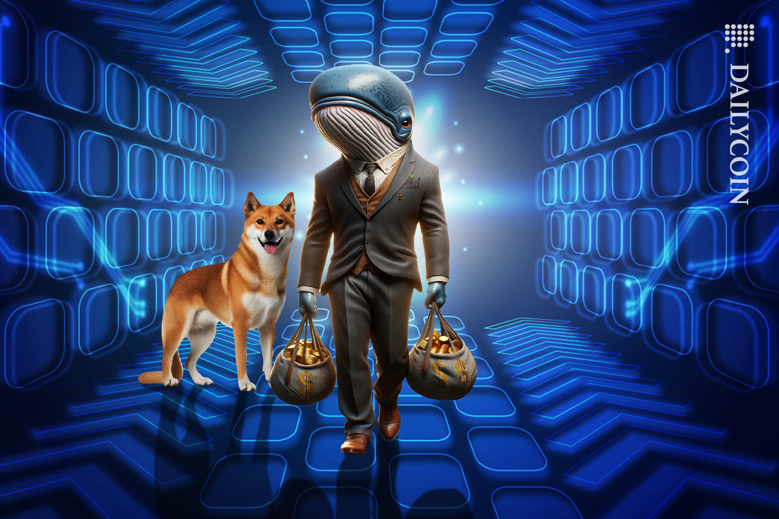Whale businessman coming into a blue technology chamber to deposit his coins with shiba inu.