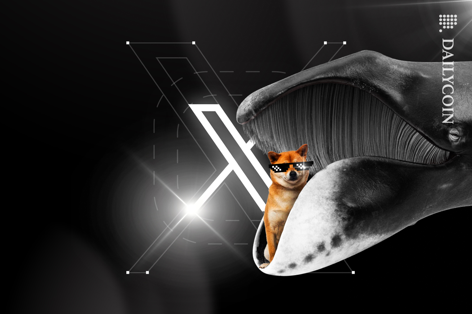 Whale carrying Doge in his mouth next to a XRP backdrop.