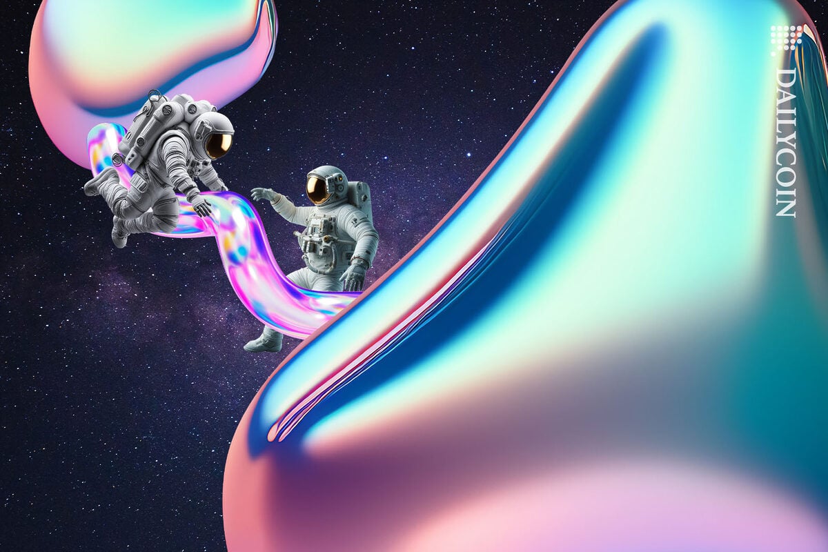 Two astronauts connecting two liquid shapes in space.
