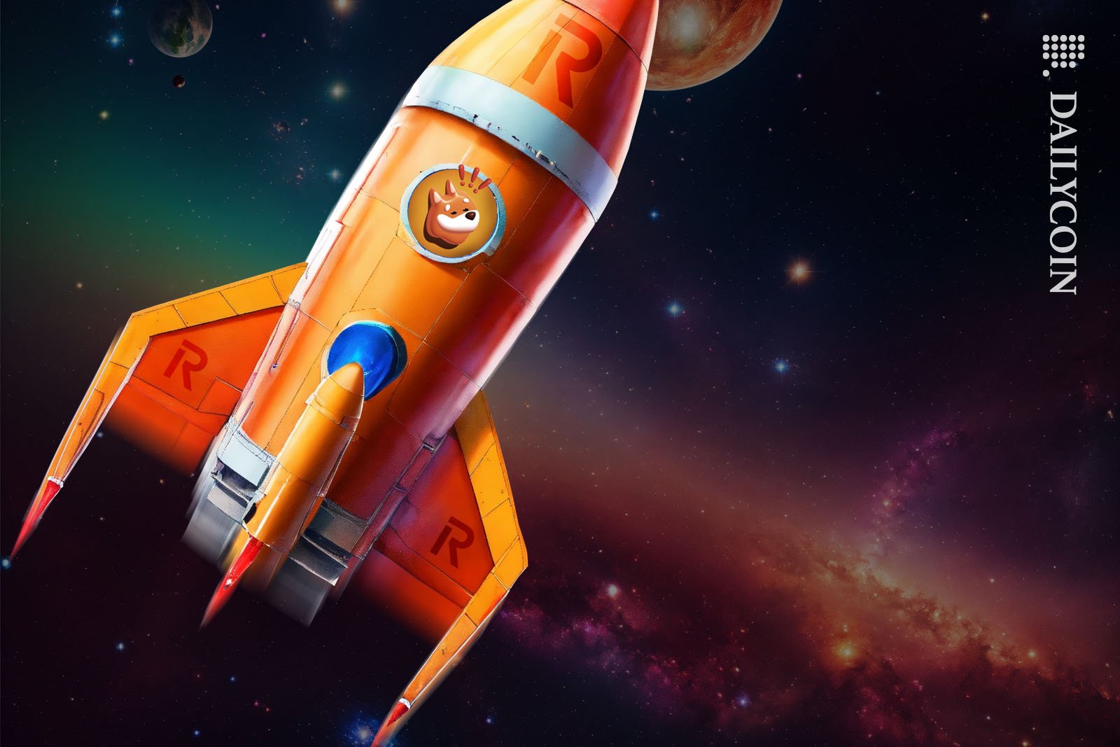 BONK dog flying in a Revolut branded rocket in space.