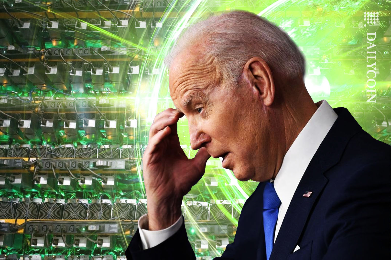 Joe Biden being upset and disappointed infront of a wall of Bitcoin miners.