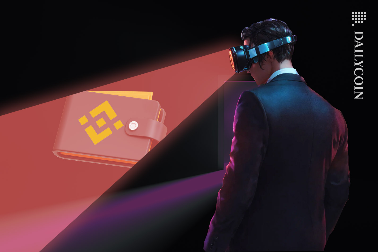 Detective with VR headset examining a Binance wallet.