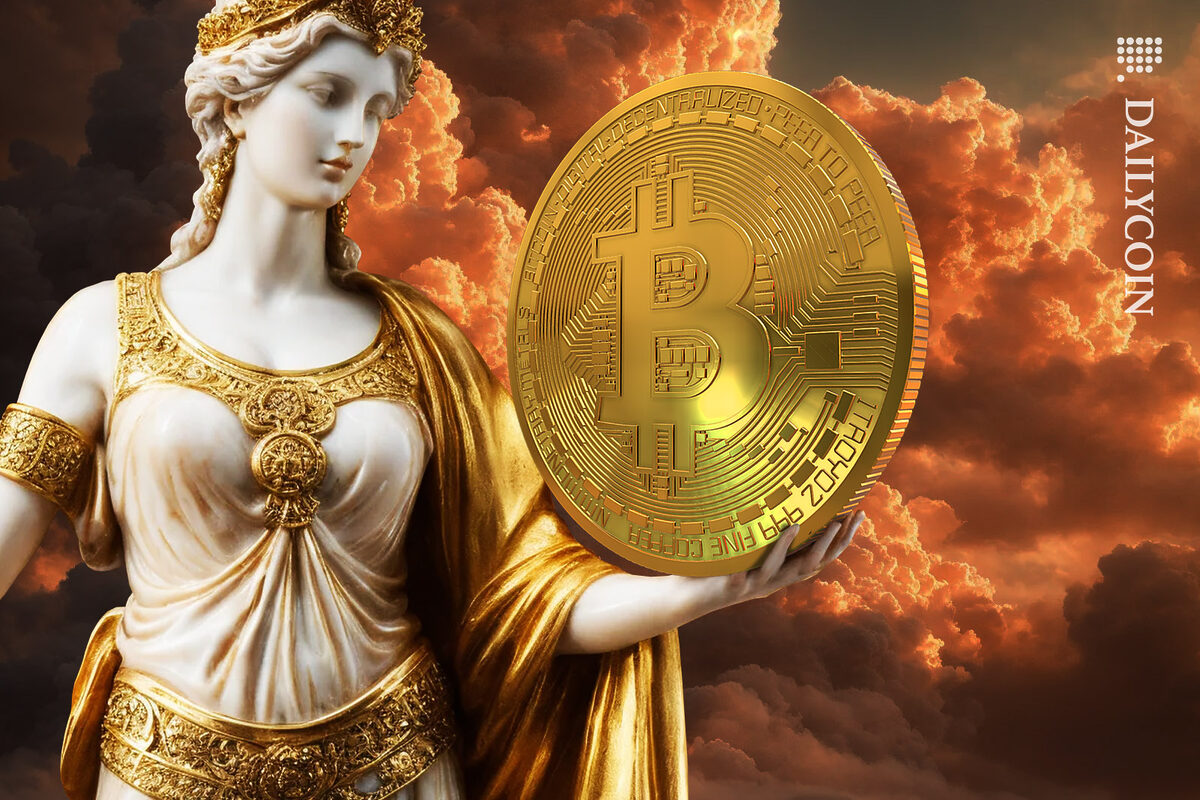 Goddess statue holding a golden bitcoin in heavens.