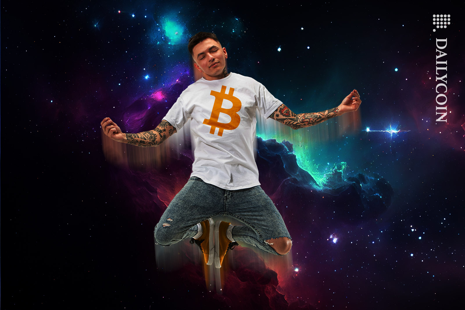 Man in a Bitcoin t-shirt floating in space peacefully.