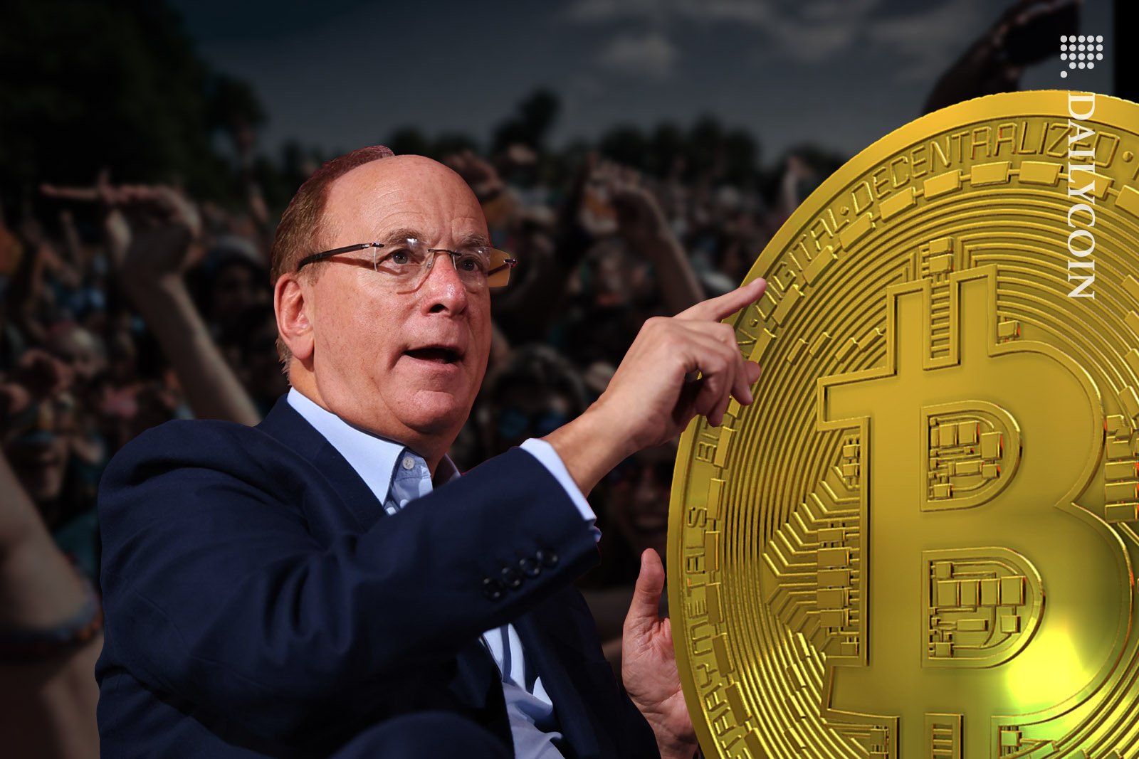 Larry Fink pointing at a large Bitcoin with a large happy croed.
