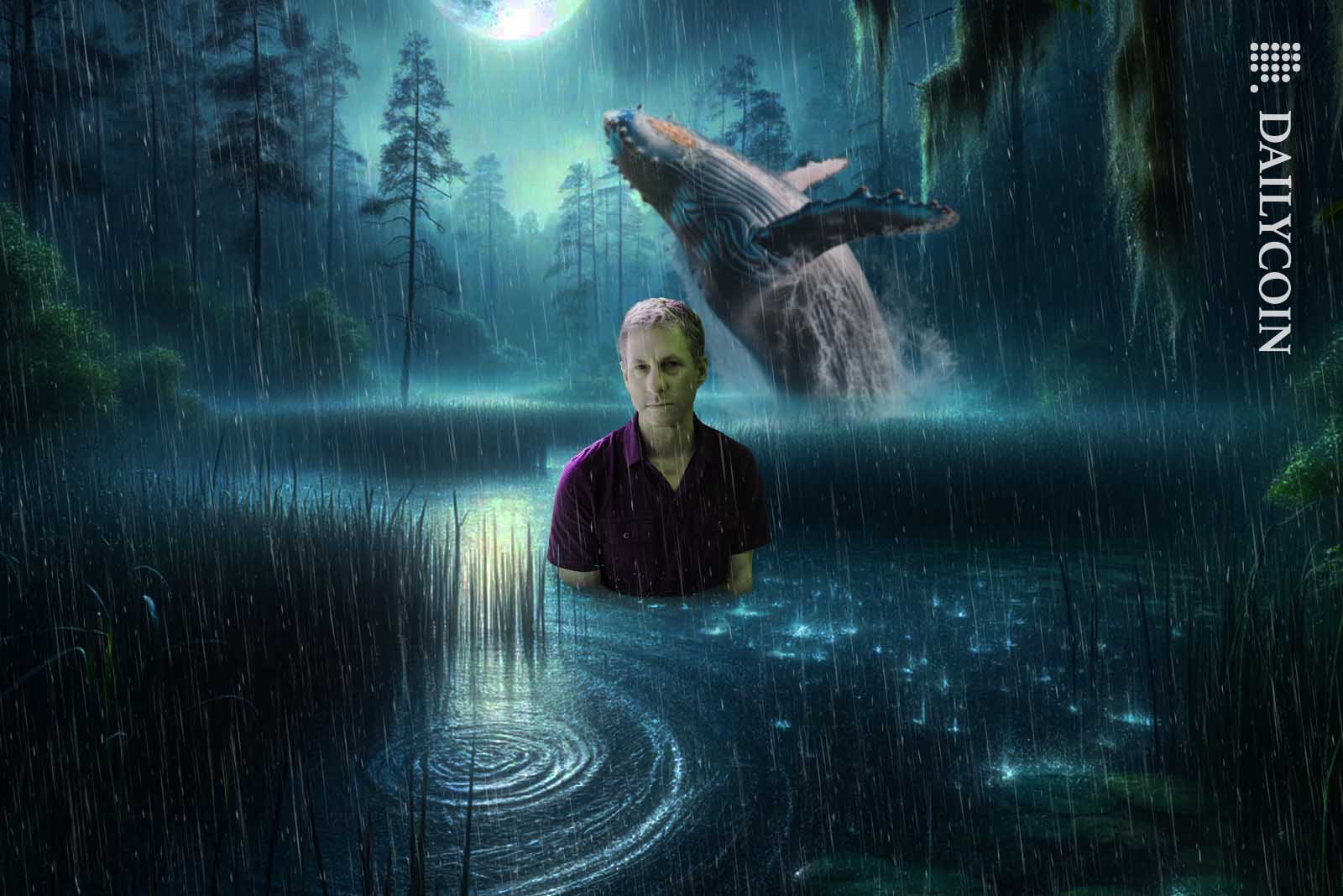 Chris Larsen In a swampy pond in a heavy rain as a huge whale jumping in the background.