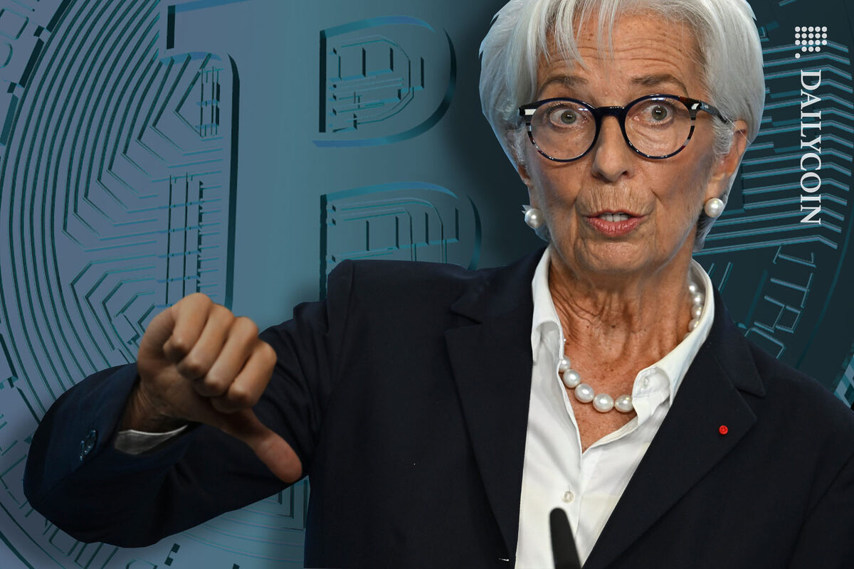 Christine Lagarde giving the thumb down to Bitcoin.