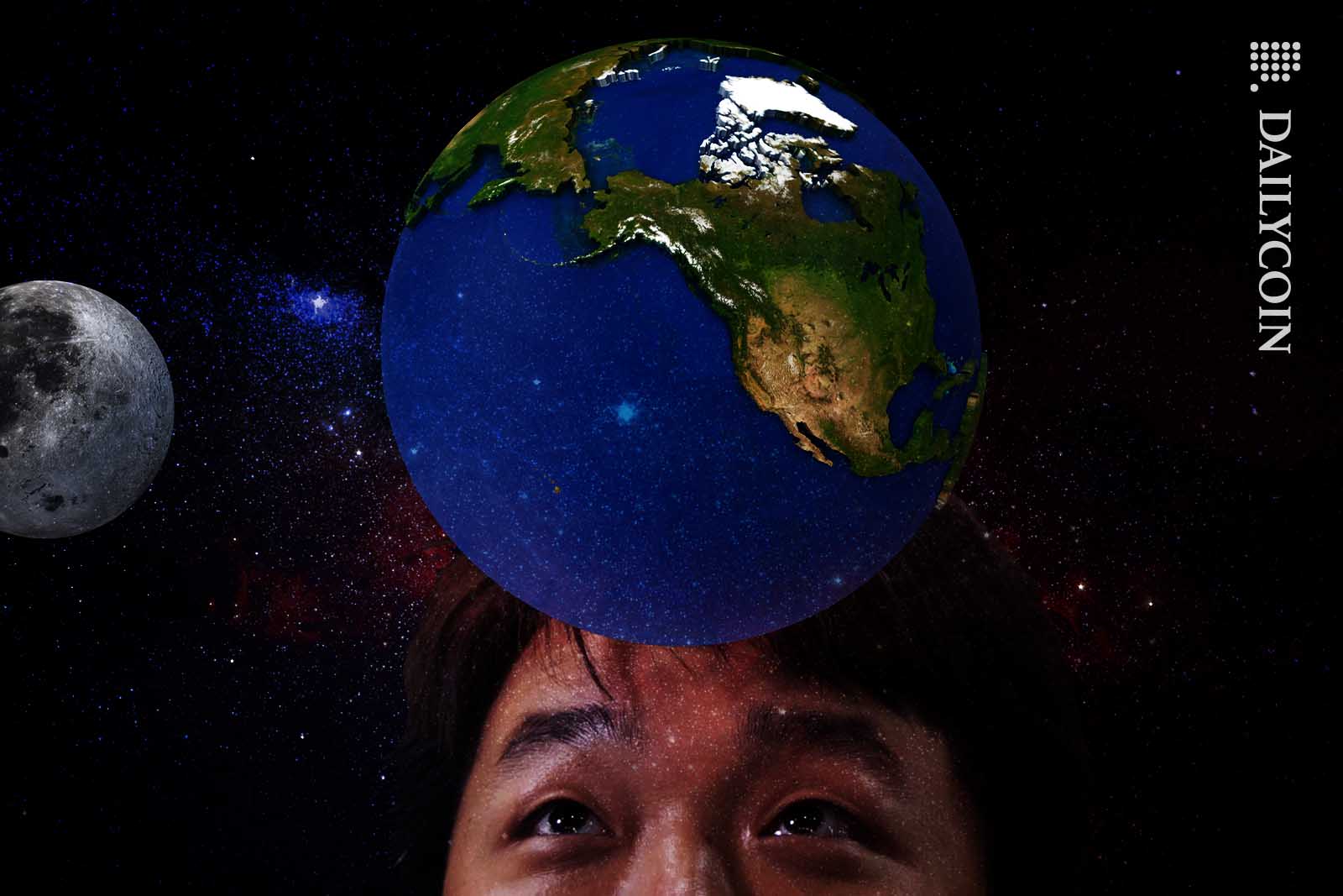 Do Kwon Staring at planet Earth in outter space.