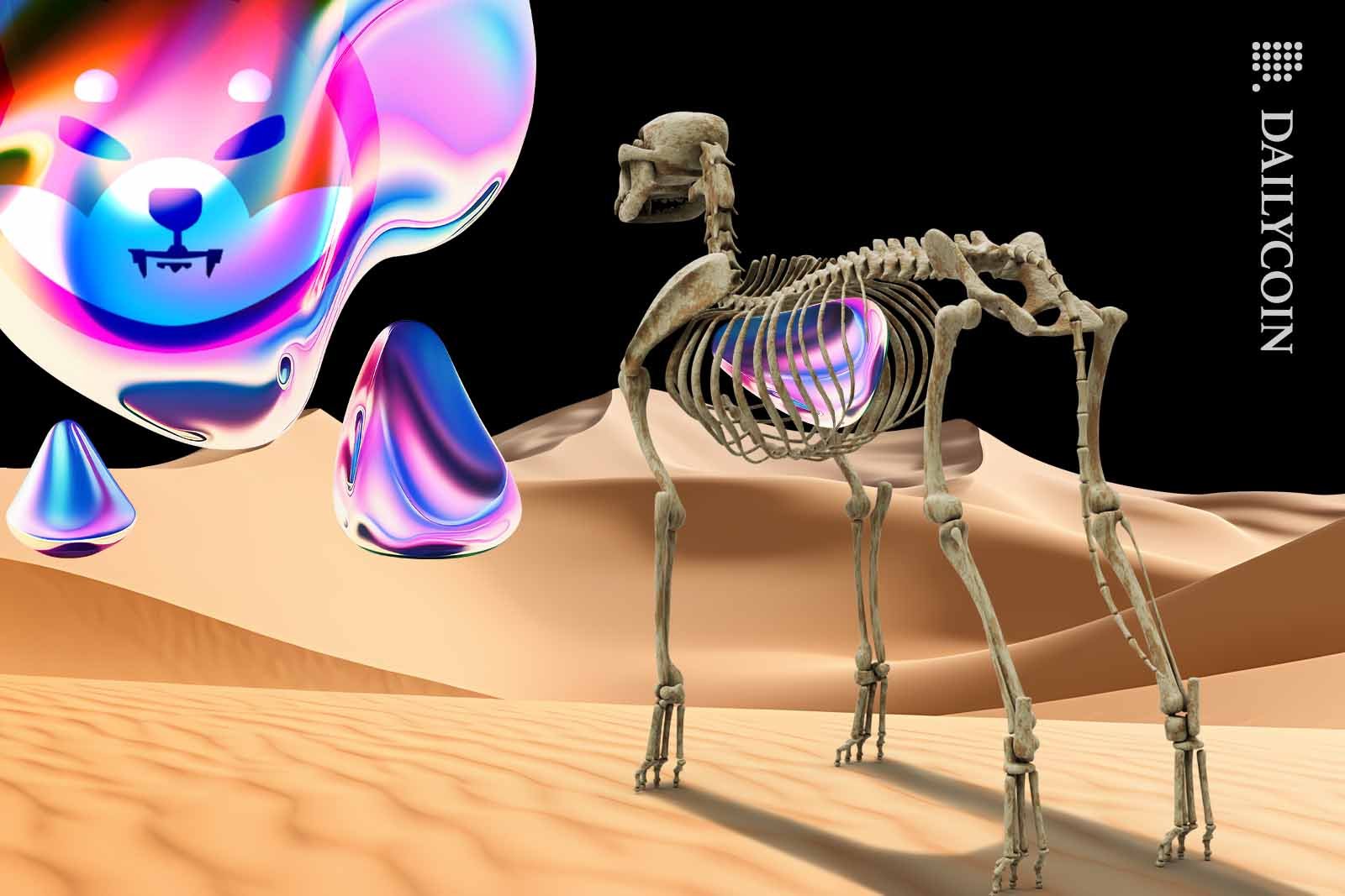 Dog skeleton staring at an iridescent shape in a desert.