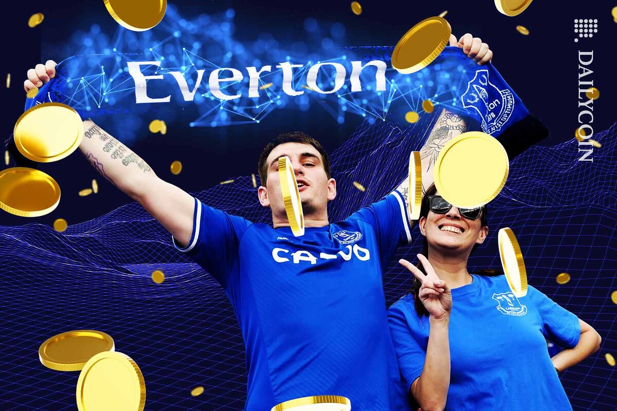 Two Everton fans being very happy, surrounded by coins falling from the sky.