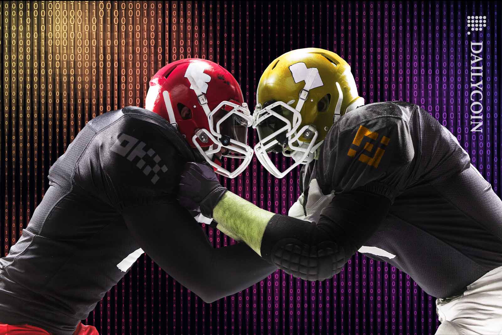 Two American football players bumping heads.