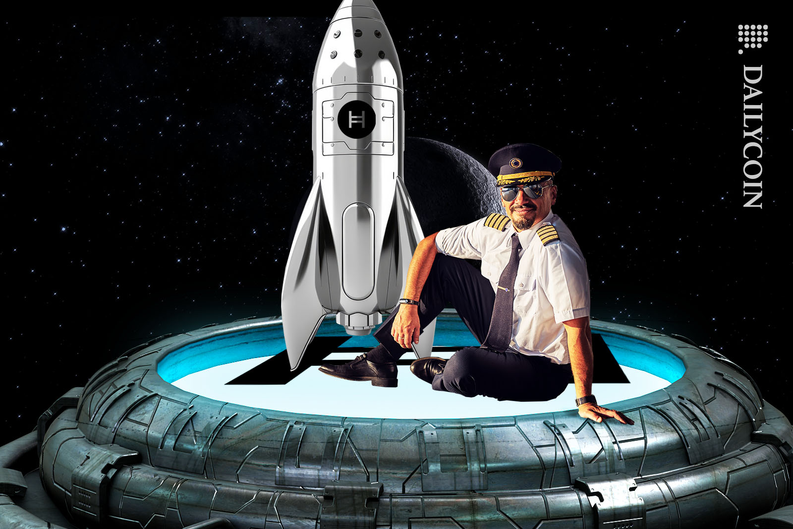 Pilot sitting next to a chrome Hedera rocket on a futuristic platform.