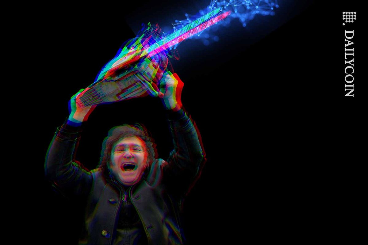 Javier Milei with a chainsaw in an RGB split.