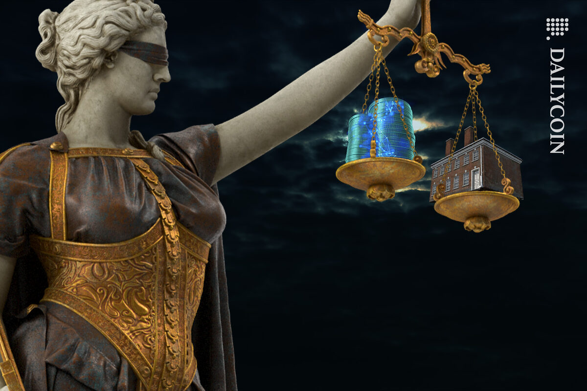 Crypto coins and an english style property in the scales of justice.