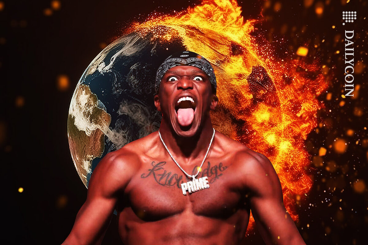 KSI screams at the camera like a crazy person as planet Earth explodes in te background.