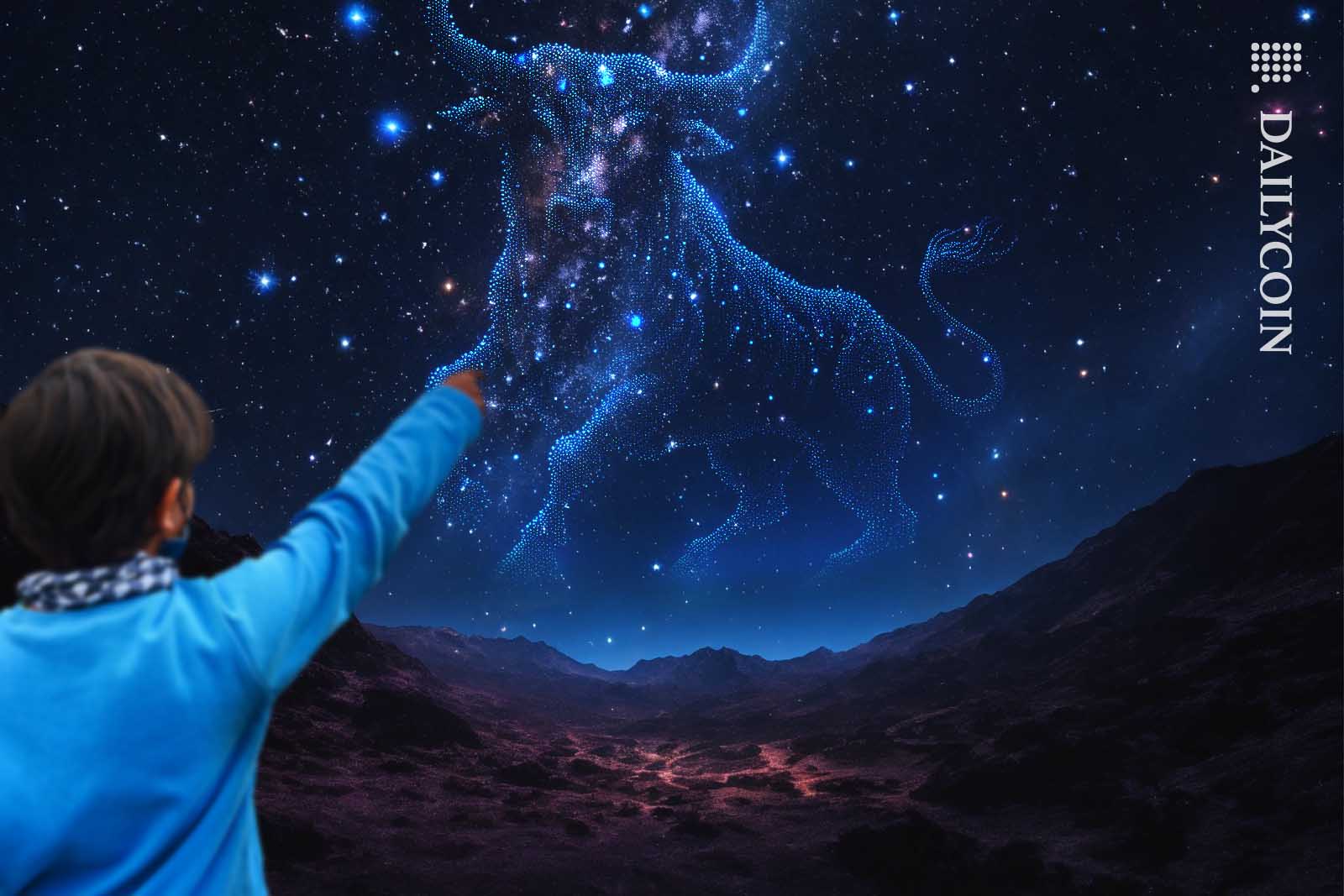 Little boy pointing at a bull star formation on the night sky.