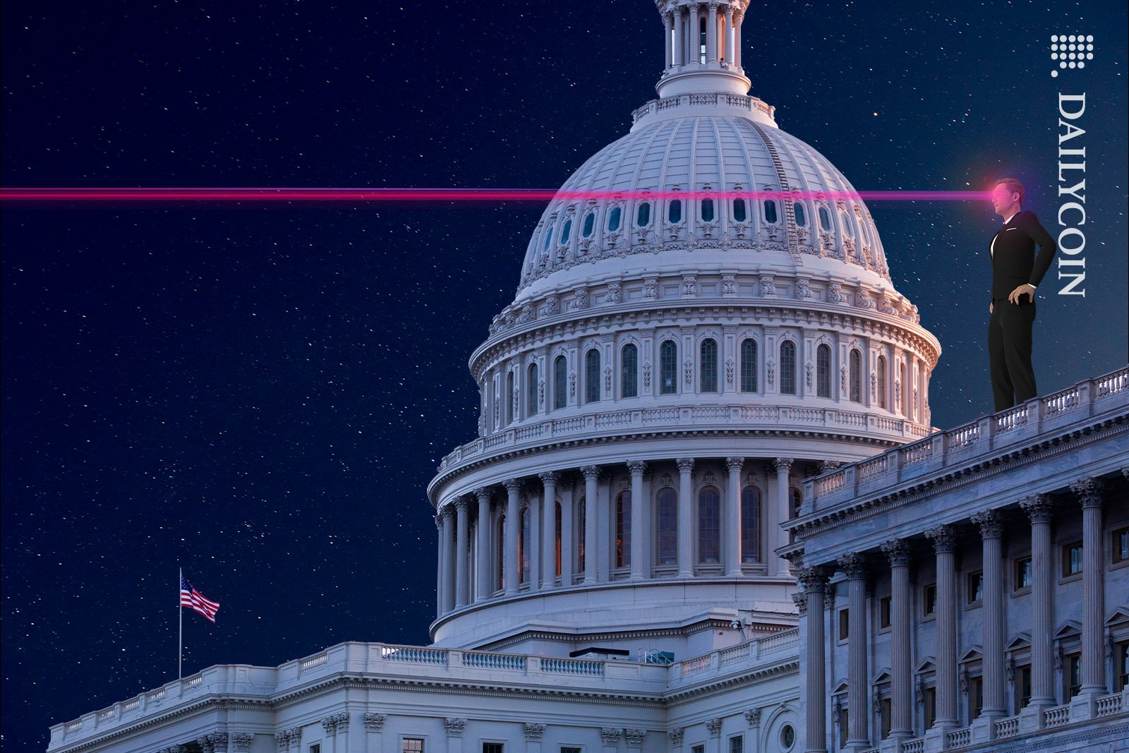 Man in black suit standing on top of the Capitol building projecting red laser beam from his eyes.