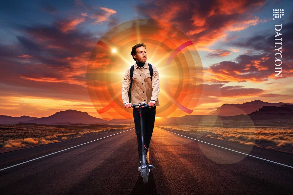 Mark Zuckenberg riding a scooter down the road in a sunset.