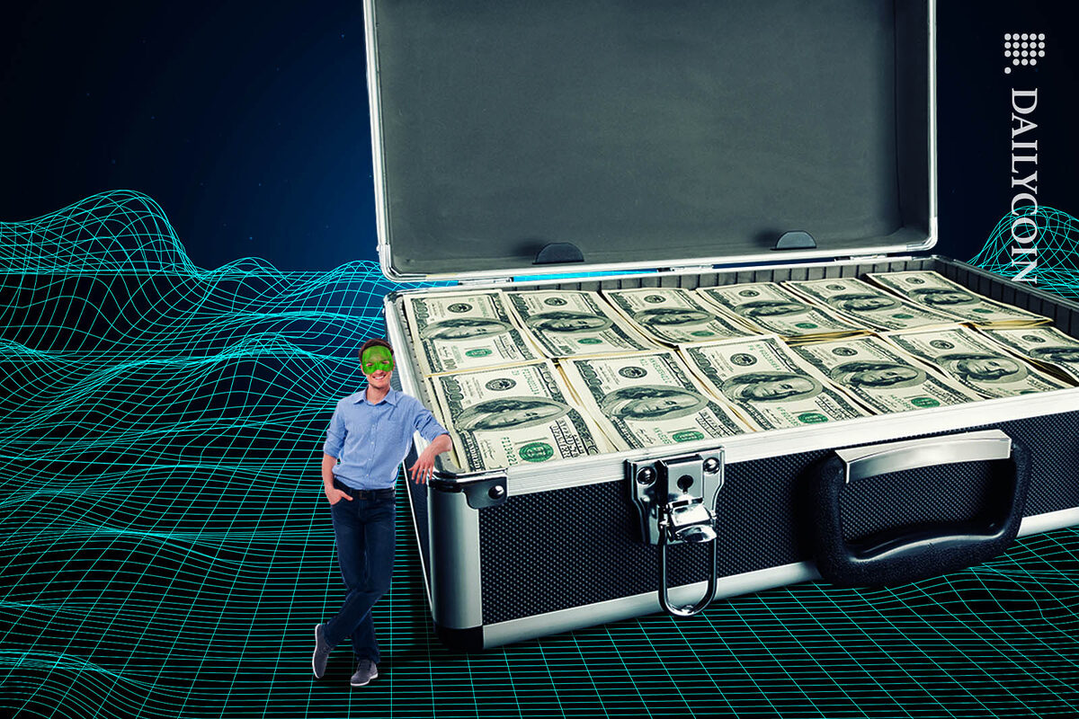 Man in mask happily presenting a briefcase of cash.