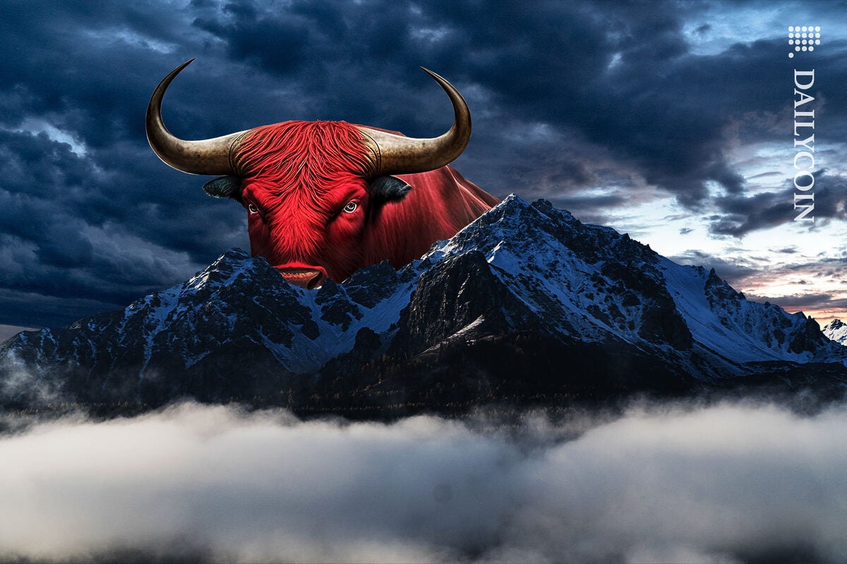 Big red bull waiting for its time behind a montain range .