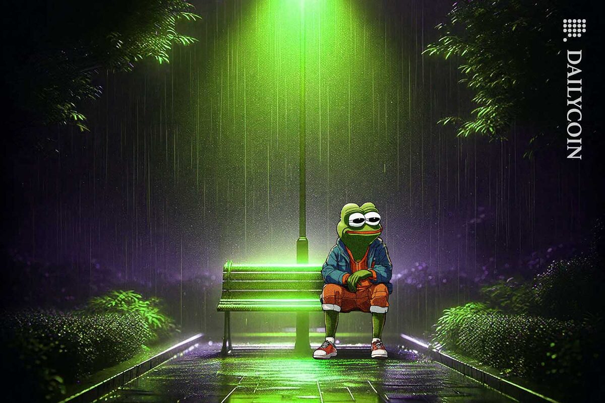 Pepe the frog sitting on a park bench at night in the rain looking very sad.