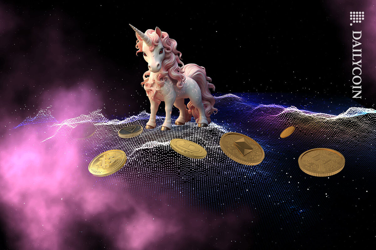 Pink unicorn surrounded by vcrypto coins in a digital environment.