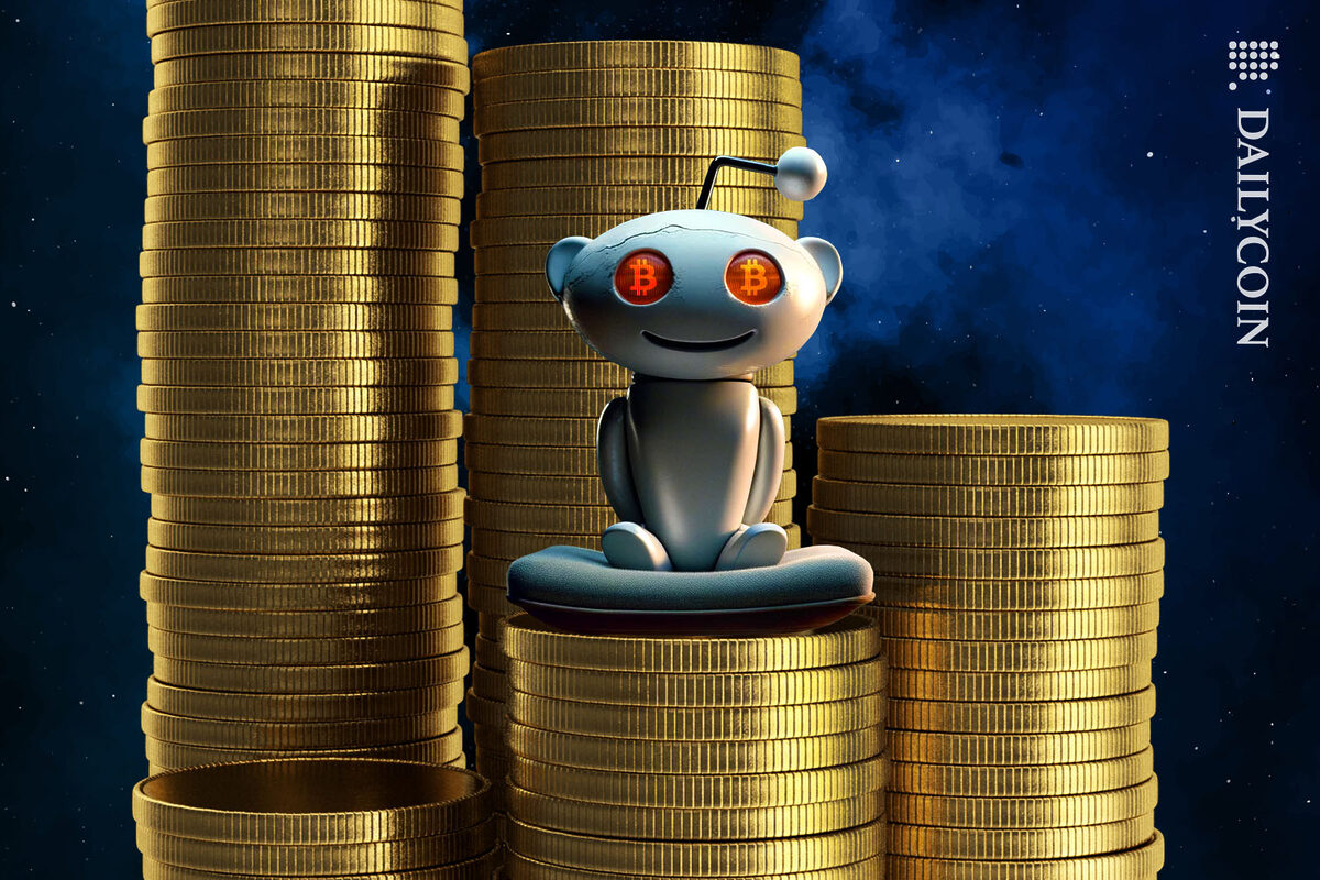 Reddit mascot sitting on a huge pile of gold coins with a creepy smile on his face.