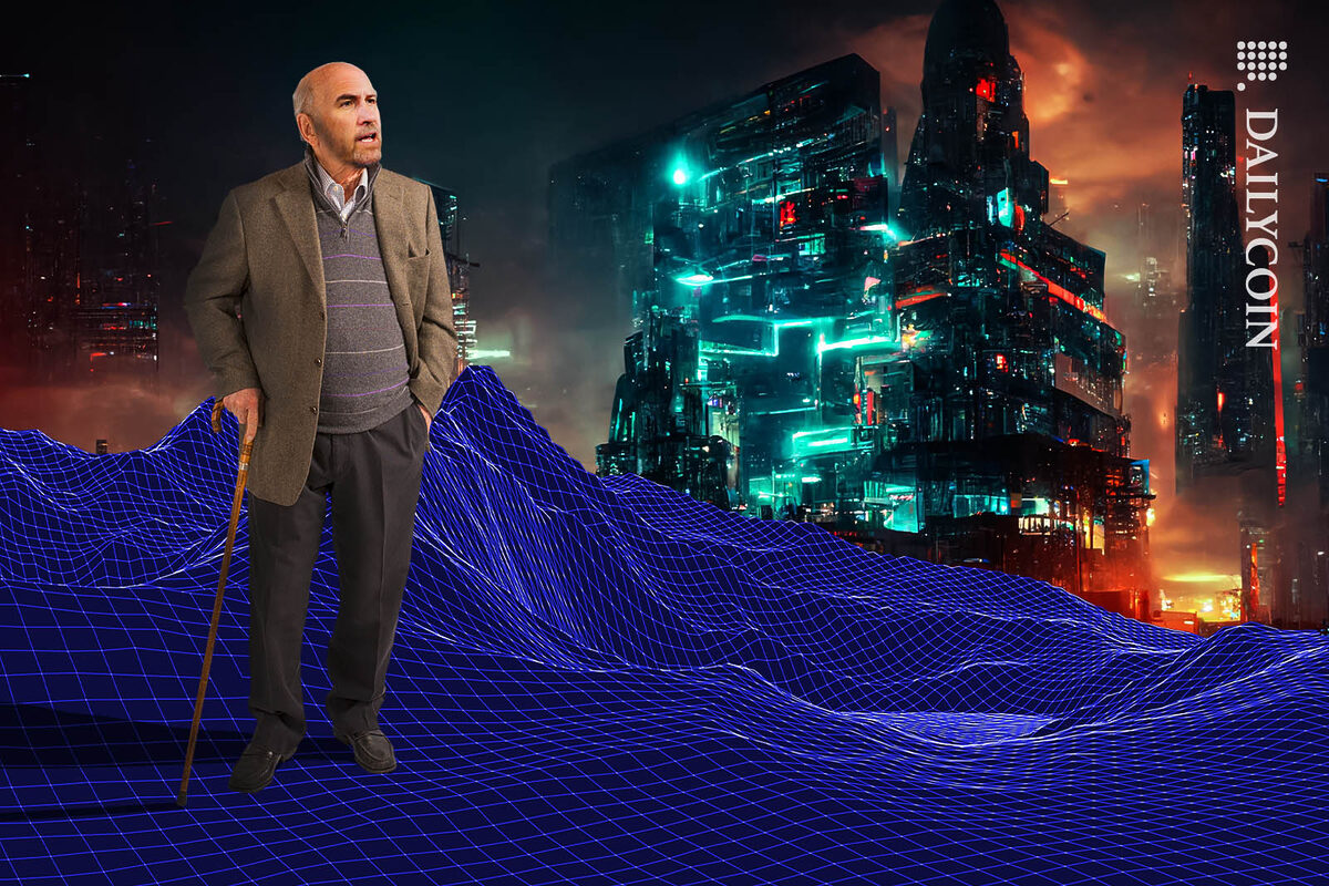 Old Brad Garlinghouse wondering around in a wireframe landscape with a futuristic city in the background.