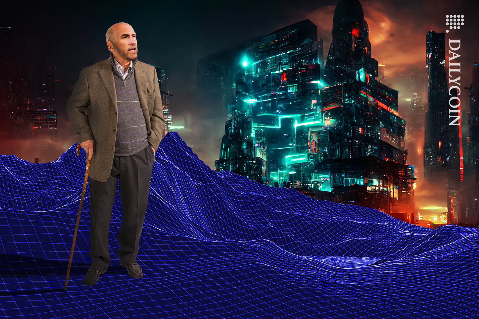 Old Brad Garlinghouse wondering around in a wireframe landscape with a futuristic city in the background.